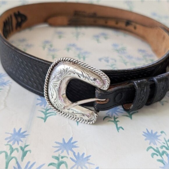 Justin Western Leather Belt 40 Black Silver Woven Braided Cowboy Cowhide U.S.A. - Picture 2 of 4